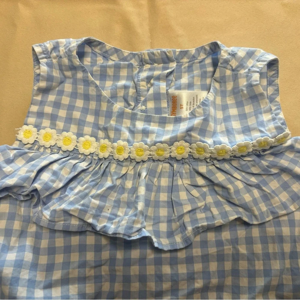 Gymboree Blue and‎ White Gingham Blouse with Ruffle and Daisies